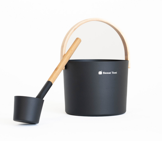 Sweat Tent Sauna Bucket and Ladle in black with a wood handle