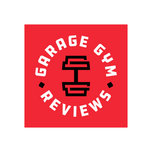 Logo of Garage Gym Reviews with a black dumbbell on a red background.