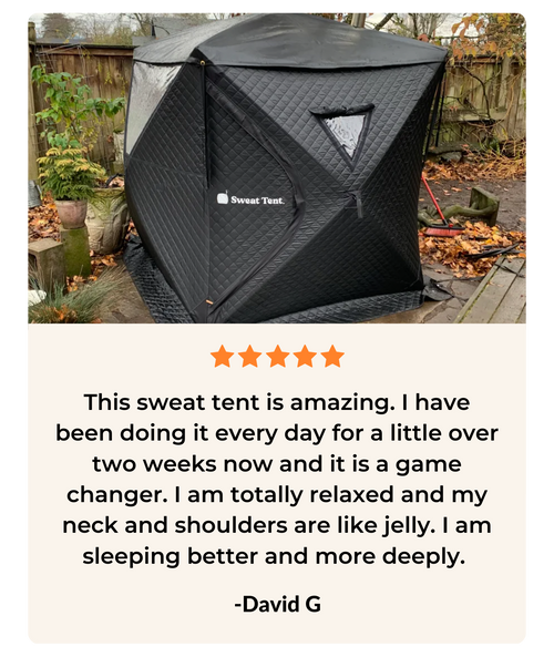A black sweat tent in a backyard with a positive customer review underneath.