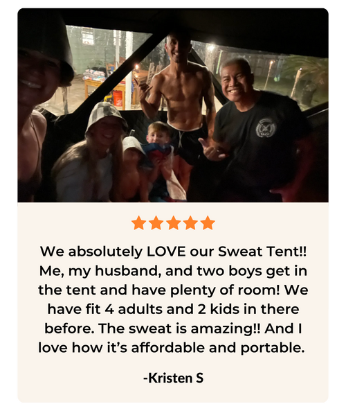 Group inside a tent, smiling, with a positive review of a Sweat Tent.
