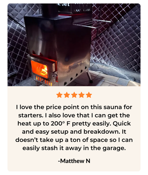 Portable sauna stove with user review praising its ease of use and compact size.