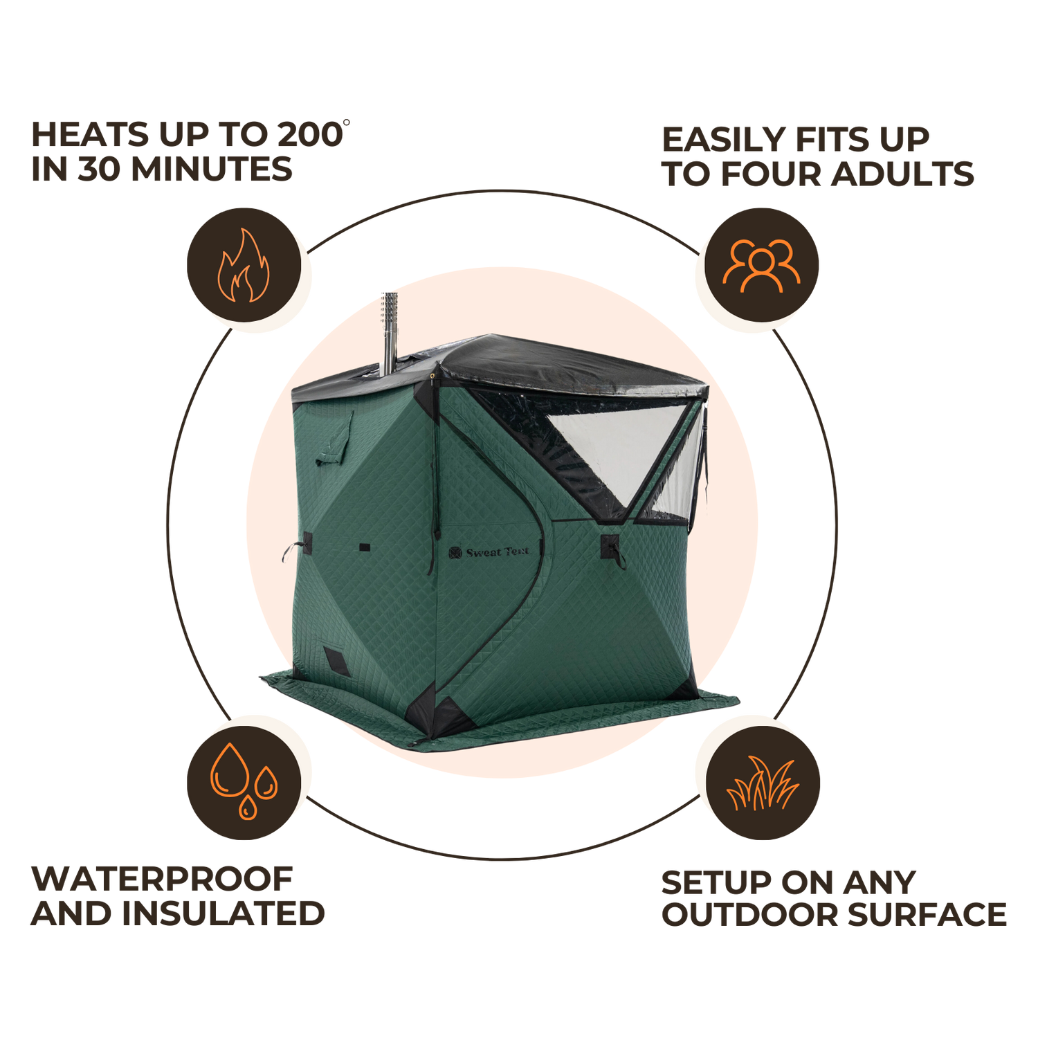 The Sweat Tent fits four adults, heats up to 200 degrees in thirty minutes, is waterproof, and can be setup on any outdoor surface. 