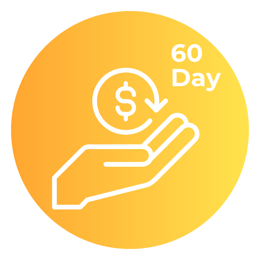 A yellow and orange icon showing 60 day money back guarantee 