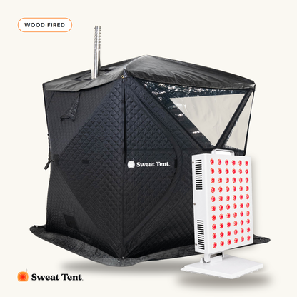 Sweat Tent sauna with the SunPanel Mini red light panel in white
