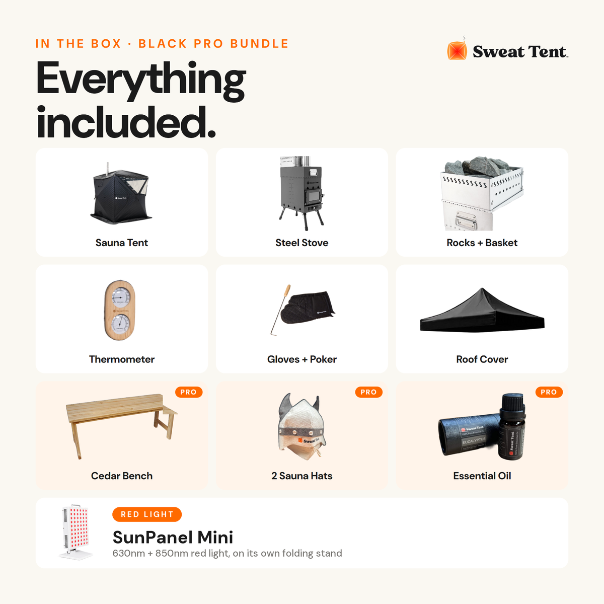 Everything included in the Sweat Tent Sauna + Red Light Bundle, Large Pro: the sauna kit plus the SunPanel Mini