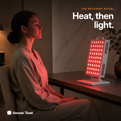 A woman relaxing at a desk with the SunPanel Mini red light panel switched on