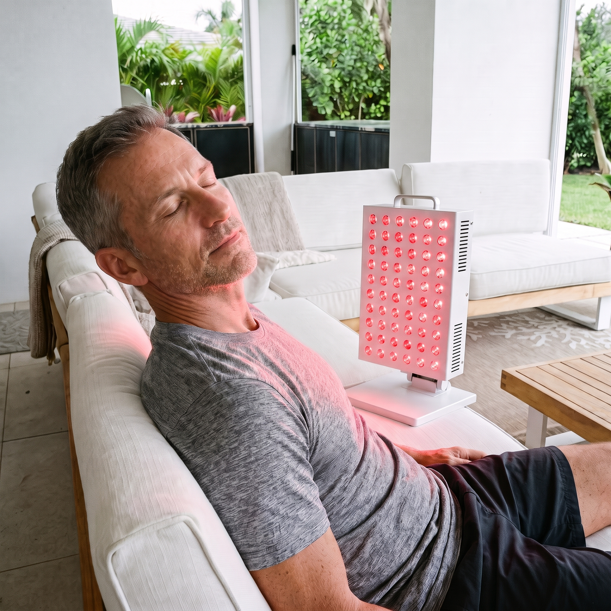 A man relaxing on a patio sofa with the white SunPanel Mini red light panel switched on beside him