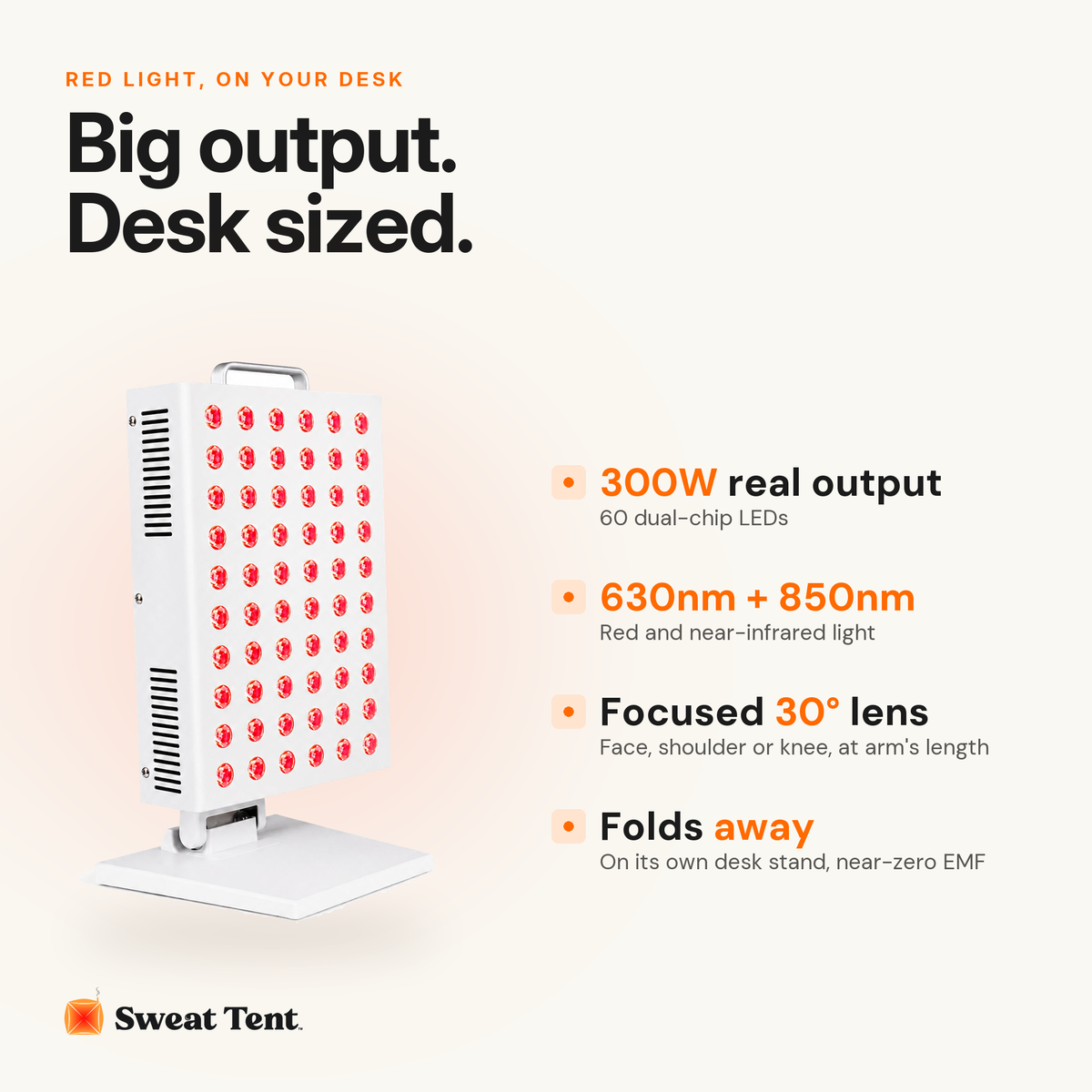 SunPanel Mini: 300W, 60 dual-chip LEDs, 630nm and 850nm, focused 30 degree lens, folds away
