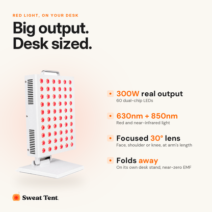 SunPanel Mini: 300W, 60 dual-chip LEDs, 630nm and 850nm, focused 30 degree lens, folds away