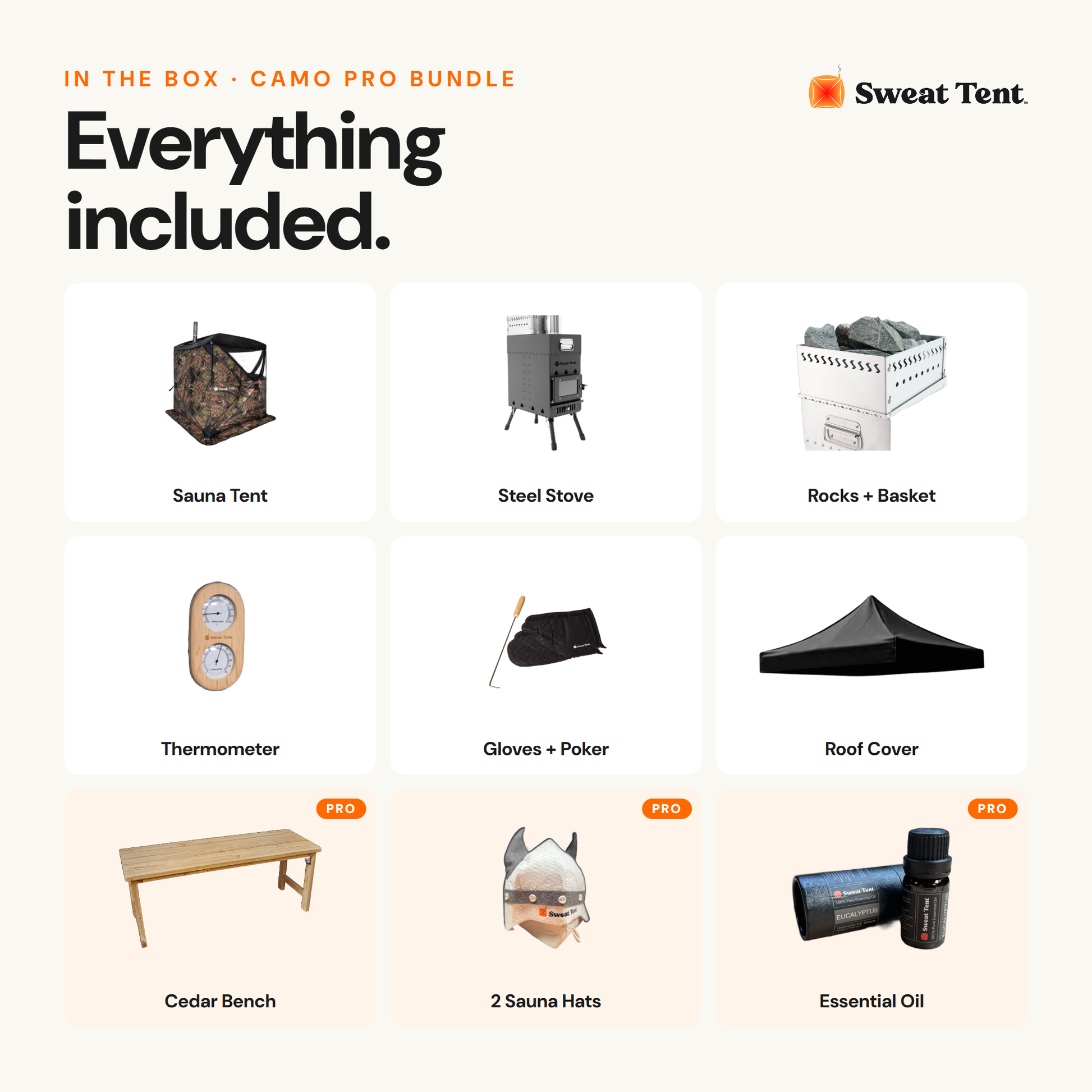 What's included with the Sweat Tent Camo Pro bundle