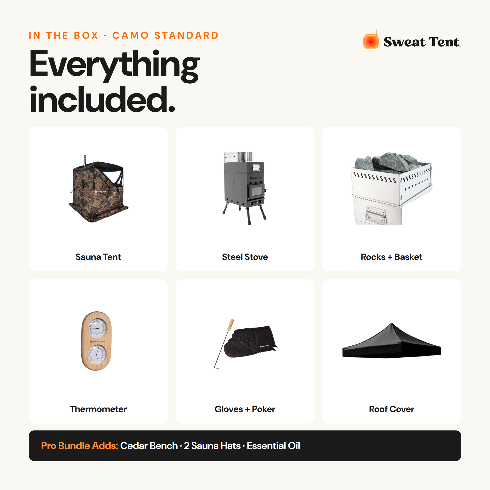 What's included with the Sweat Tent Camo Standard bundle